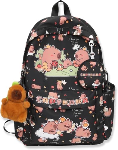 Dujuanus Rucksack für Die Schule Kawaii, Capybara Rucksäcke, Rucksack Damen Schulrucksack Mädchen Teenager, mit Zubehör und Geldbörse (Schwarz) von Dujuanus