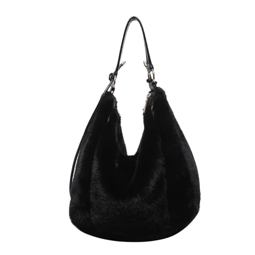Dujuanus Tragetasche Plüsch - Damen Kunstfell Pelzige Tote Tasche,Flauschige Tragetasche mit Reißverschluss, Schultertasche, Große Kapazität Umhängetasche (Black) von Dujuanus