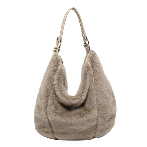Dujuanus Tragetasche Plüsch - Damen Kunstfell Pelzige Tote Tasche,Flauschige Tragetasche mit Reißverschluss, Schultertasche, Große Kapazität Umhängetasche (Khaki) von Dujuanus