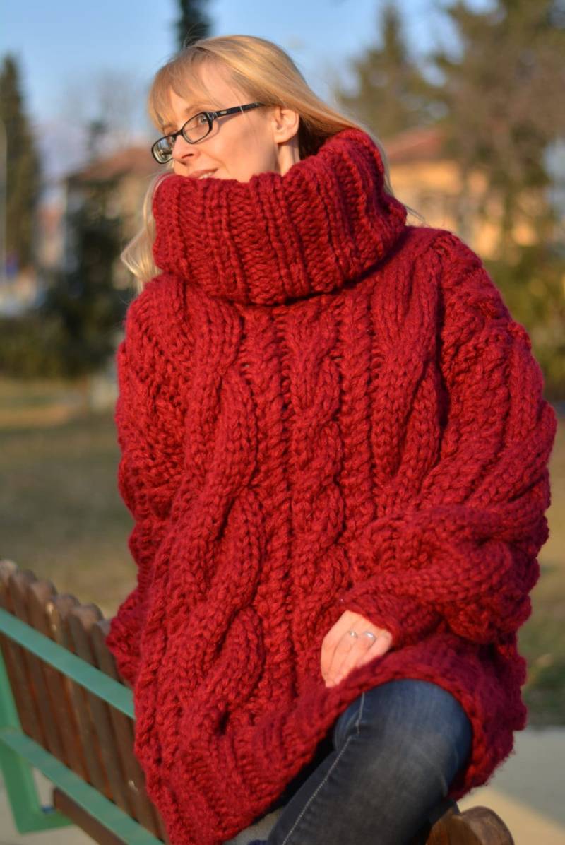 Grobstrick Wolle Pullover Handgemachte Grobstrick Dicker Weiche Zopfmuster Tneck Merino Unisex Kleid von Dukyana