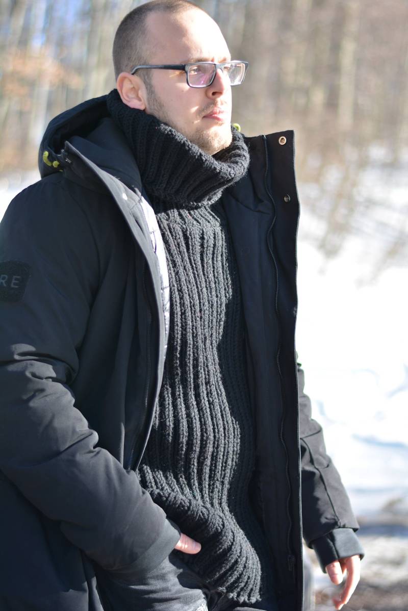 Hand Gestrickter Wollpullover Dicker Handgemachter Herrenpullover Grobstrick Wolle Rollkragenpullover Schwarz Pullover Warmer Gerippt 2xl Schwarzer von Dukyana