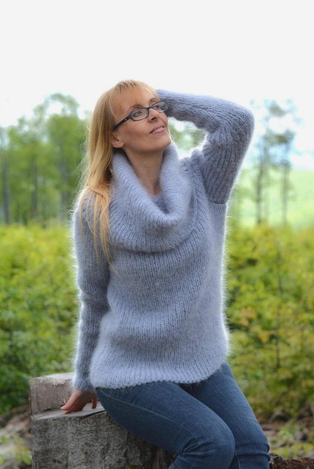Handgemachte Mohair Cowl Neck Pullover, Gerippt Stricken Immergrün von Dukyana