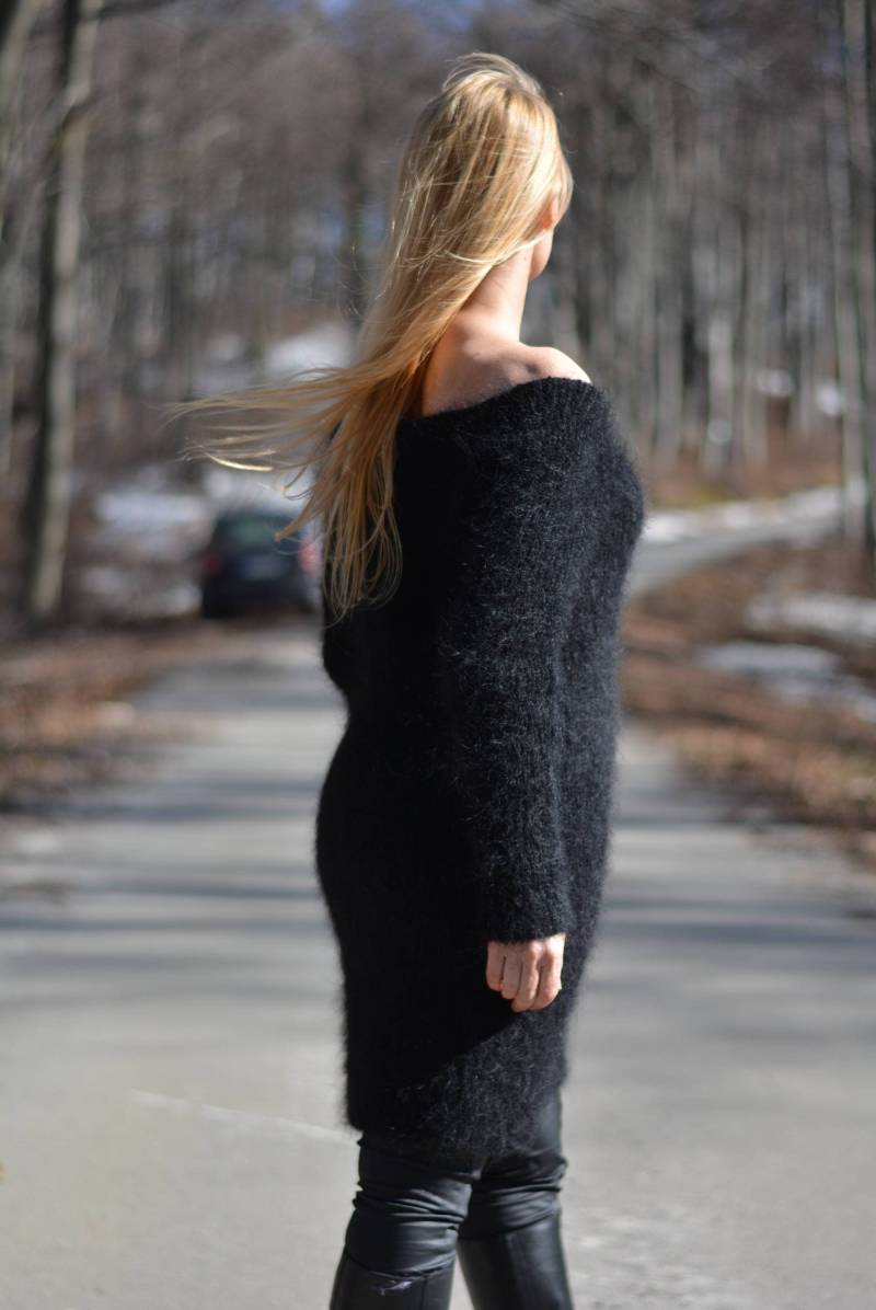 Handgemachte Mohair Kleid Hand Gestrickte Pullover Gerippt Taillierte U-Boot-Ausschnitt Tunika Raglan Frühling Lange Dukyana von Dukyana