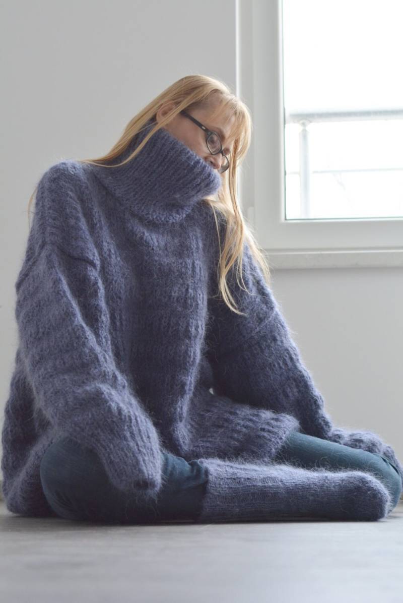 Handgestrickter Mohair Pullover Hand Gestrickter Weicher Tneck Fuzzy Oversized Warm Handgestrickt Unisex Dukyana von Dukyana