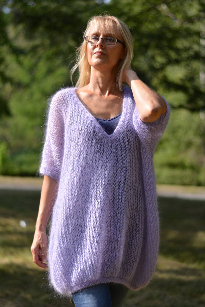 Mohair Pullover Ballonpullover Boho Strickpullover Sommerpullover Netzpullover Kurzarm Lila V-Auschnitt von Dukyana