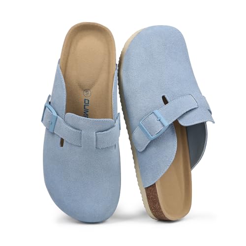 Dumalum Damen Wildleder Clog Leder Pantoletten Arch Support Kartoffelschuhe mit Komfort Kork-Fußbett - Clogs für Damen Herren Unisex Anti-Rutsch Hausschuhe Sandalen, Blau, 11.5 Women/10.5 Men von Dumalum