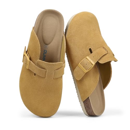 Dumalum Damen Wildleder Clog Leder Pantoletten Arch Support Kartoffelschuhe mit Komfort Kork-Fußbett - Clogs für Damen Herren Unisex Anti-Rutsch Hausschuhe Sandalen, Fuchsrot, 7.5 Women/6.5 Men von Dumalum