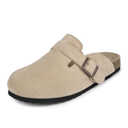 Dumalum Damen Wildleder Clog Leder Pantoletten Arch Support Kartoffelschuhe mit Komfort Kork-Fußbett - Clogs für Damen Herren Unisex Anti-Rutsch Hausschuhe Sandalen, Khaki, 9 Women/8 Men von Dumalum