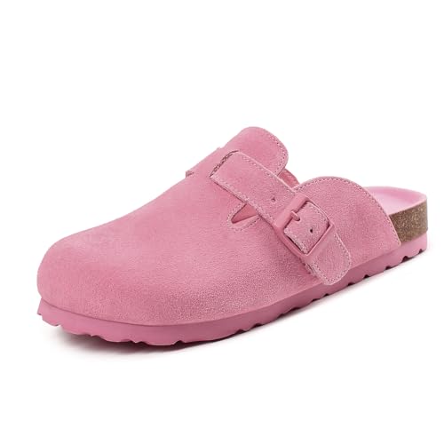 Dumalum Damen Wildleder Clog Leder Pantoletten Arch Support Kartoffelschuhe mit Komfort Kork-Fußbett - Clogs für Damen Herren Unisex Anti-Rutsch Hausschuhe Sandalen, Pink, 9.5 Women/8.5 Men von Dumalum
