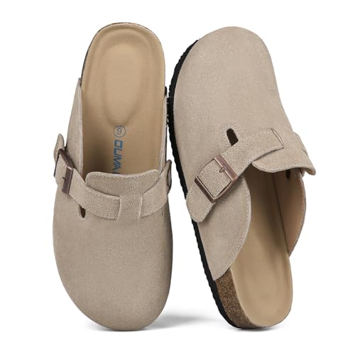 Dumalum Damen Wildleder Clog Leder Pantoletten Arch Support Kartoffelschuhe mit Komfort Kork-Fußbett - Clogs für Damen Herren Unisex Anti-Rutsch Hausschuhe Sandalen, Taupe, 6 Women/5 Men von Dumalum