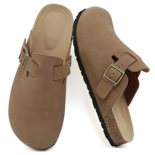 Dumalum Wildleder-Clogs für Damen & Herren - Komfort Kork-Fußbett mit Fußgewölbeunterstützung - Verstellbare Schnalle Pantoletten Slip-On Sandalen Unisex Kartoffelschuhe Home Slippers, Hellbraun/Vegan von Dumalum