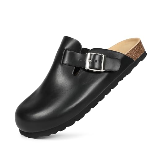 Dumalum Wildleder-Clogs für Damen & Herren - Komfort Kork-Fußbett mit Fußgewölbeunterstützung - Verstellbare Schnalle Pantoletten Slip-On Sandalen Unisex Kartoffelschuhe Home Slippers, Schwarz/Vegan von Dumalum