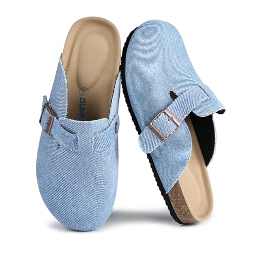 Dumalum Wildleder-Clogs für Damen & Herren - Komfort Kork-Fußbett mit Fußgewölbeunterstützung - Verstellbare Schnalle Pantoletten Slip-On Sandalen Unisex Kartoffelschuhe Home Slippers, Denim Blau, 13 von Dumalum
