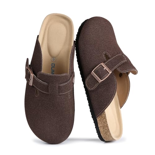 Dumalum Wildleder-Clogs für Damen & Herren - Komfort Kork-Fußbett mit Fußgewölbeunterstützung - Verstellbare Schnalle Pantoletten Slip-On Sandalen Unisex Kartoffelschuhe Home Slippers, Dunkelbraun von Dumalum