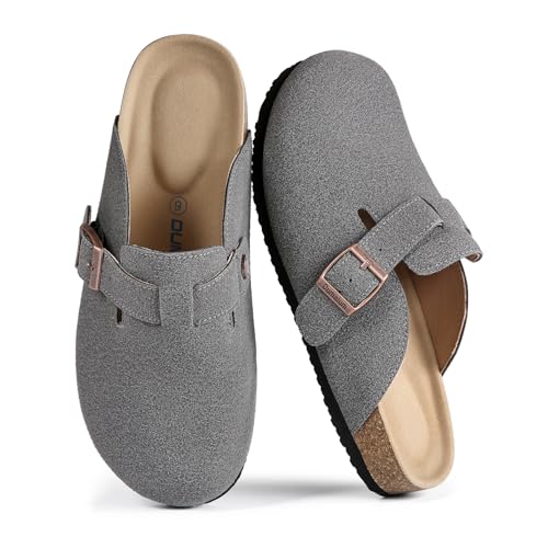Dumalum Wildleder-Clogs für Damen & Herren - Komfort Kork-Fußbett mit Fußgewölbeunterstützung - Verstellbare Schnalle Pantoletten Slip-On Sandalen Unisex Kartoffelschuhe Home Slippers, GRAU, 7 Women von Dumalum