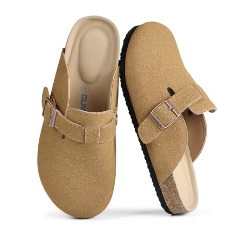 Dumalum Wildleder-Clogs für Damen & Herren - Komfort Kork-Fußbett mit Fußgewölbeunterstützung - Verstellbare Schnalle Pantoletten Slip-On Sandalen Unisex Kartoffelschuhe Home Slippers, Kastanie, 11.5 von Dumalum