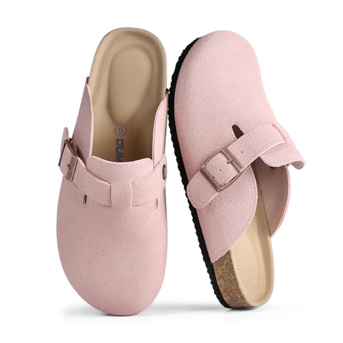 Dumalum Wildleder-Clogs für Damen & Herren - Komfort Kork-Fußbett mit Fußgewölbeunterstützung - Verstellbare Schnalle Pantoletten Slip-On Sandalen Unisex Kartoffelschuhe Home Slippers, Pink, 11.5-12 von Dumalum