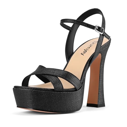 Dumjey Damen-Sandalen mit hohem Absatz und Knöchelriemen, offene Zehenspule, klobige Absätze, Abschlussball, Partykleid mit Schnalle, Bast, Schwarz, 35 EU Dumjey Damen-Sandalen mit hohem Absatz und Knöchelriemen, offene Zehenspule, klobige Absätze, Abschlussball, Partykleid mit Schnalle, Bast, Schwarz, 35 EU von Dumjey