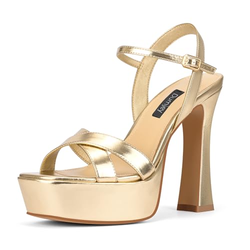 Dumjey Damen-Sandalen mit hohem Absatz und Knöchelriemen, offene Zehenspule, klobige Absätze, Abschlussball, Partykleid mit Schnalle, Gold, 35 EU Dumjey Damen-Sandalen mit hohem Absatz und Knöchelriemen, offene Zehenspule, klobige Absätze, Abschlussball, Partykleid mit Schnalle, Gold, 35 EU von Dumjey
