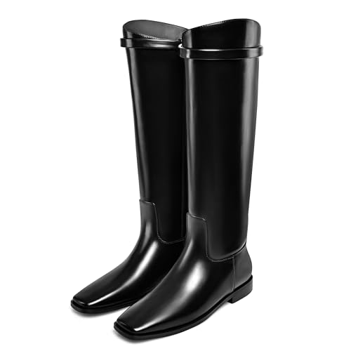 Dumjey Kniehohe Stiefel, flache Damenstiefel, quadratische Zehenpartie, lange Blockabsatz, kniehohe mit hinteren Reißverschlüssen-38 EU Schwarz von Dumjey