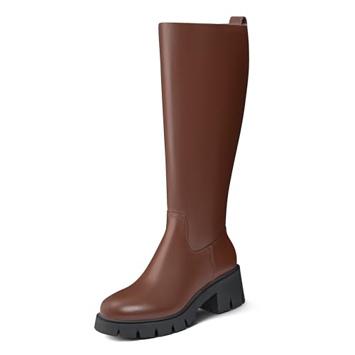 Dumjey Kniehohe Stiefel für Damen, Plateausohle, hohe Stiefel, Blockabsatz, runder Zehenbereich, langer Stiefel mit seitlichem Reißverschluss, Braun, 38.5 EU von Dumjey