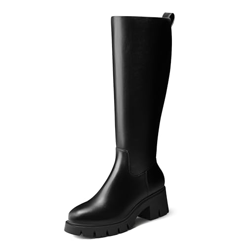 Dumjey Kniehohe Stiefel für Damen, Plateausohle, hohe Stiefel, Blockabsatz, runder Zehenbereich, langer Stiefel mit seitlichem Reißverschluss, Schwarz, 37.5 EU von Dumjey