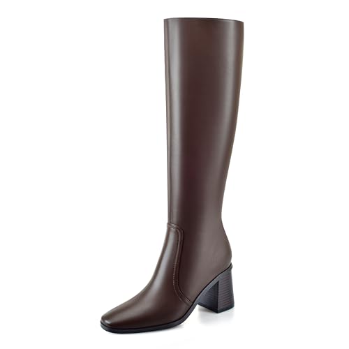 Dumjey Kniehohe Stiefel für Damen, breiter Absatz, quadratischer Zehenbereich, hohe Stiefel, weite Wade, modisch, langer Stiefel mit seitlichem Reißverschluss, Braun, 37 EU von Dumjey