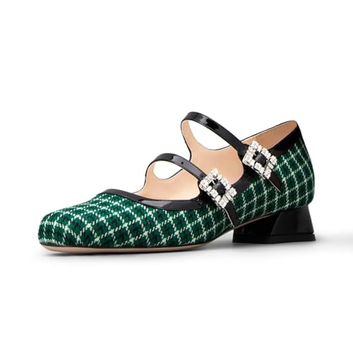 Mary Jane Damen-Pumps mit Riemchen, Blockabsatz, niedriger Absatz, Strass, Schnalle, Doppelriemen, quadratische Zehenpartie, Wanderschuhe, Grünes Plaid, 38.5 EU von Dumjey