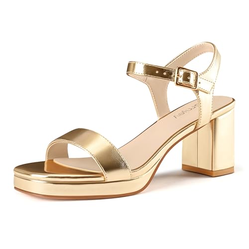 Plateauabsätze für Damen, quadratisch, offener Zehenbereich, Blockabsatz, Sandalen mit Schnalle, Knöchelriemen, Abschlussball, Party, Hochzeit, Kleid, Gold, 39.5 EU von Dumjey