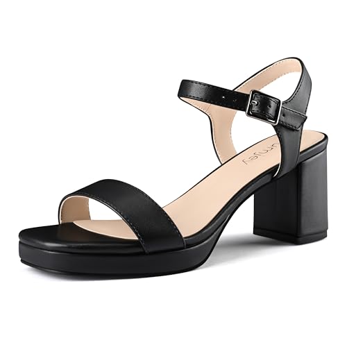 Plateauabsätze für Damen, quadratisch, offener Zehenbereich, Blockabsatz, Sandalen mit Schnalle, Knöchelriemen, Abschlussball, Party, Hochzeit, Kleid, Schwarz, 38 EU von Dumjey