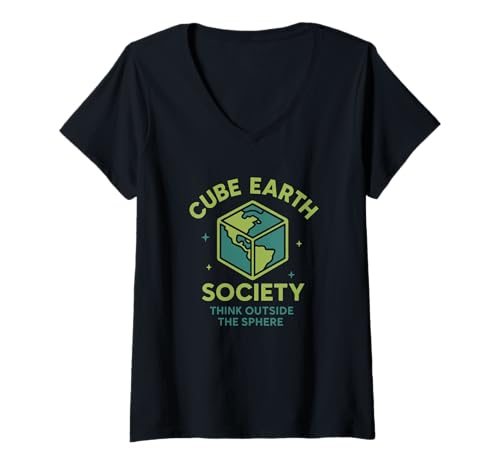 Damen Cube Earth Society, Denken Sie über die Sphäre satirisch T-Shirt mit V-Ausschnitt von Dumme Satire