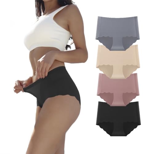 Dumwis Unterhosen Damen,Nahtlos Slips Unterwäsche Frauen,Hohe Taille Panties,No Show Panties,Mehrpack 4Er Pack Hipster Bequeme Ohne Abzeichnen Seamless Slips von Dumwis