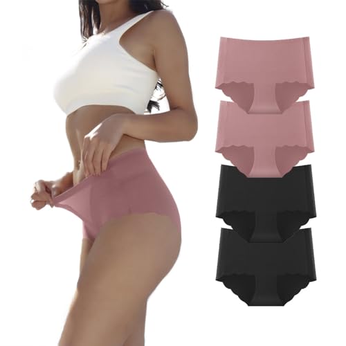 Dumwis Unterhosen Damen,Nahtlos Slips Unterwäsche Frauen,Hohe Taille Panties,No Show Panties,Mehrpack 4Er Pack Hipster Bequeme Ohne Abzeichnen Seamless Slips von Dumwis