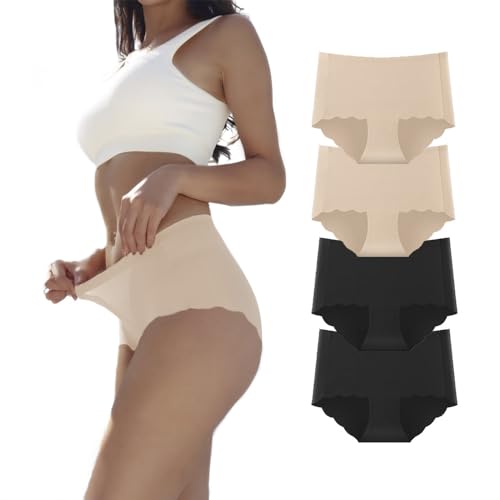 Dumwis Unterhosen Damen,Nahtlos Slips Unterwäsche Frauen,Hohe Taille Panties,No Show Panties,Mehrpack 4Er Pack Hipster Bequeme Ohne Abzeichnen Seamless Slips von Dumwis