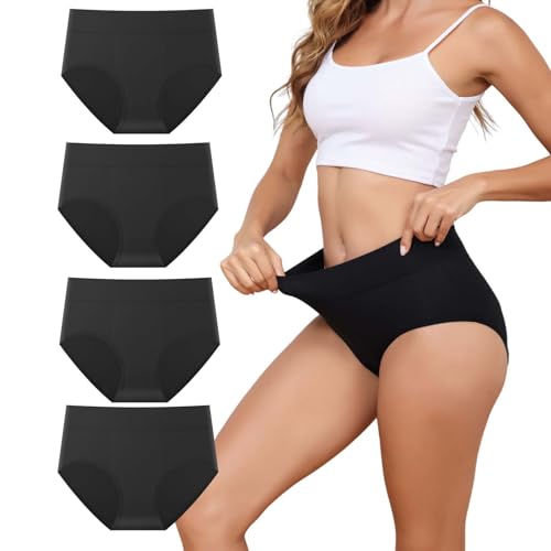 Dumwis Unterhosen Damen Baumwolle Unterwäsche Frauen hohe Taille Bequeme Slip Damen Hipster Stretch Pantys Atmungsaktive Weich Taillenslip Damen-Unterhosen Mehrpack Sportunterhosen 4Er Pack (S-3XL) von Dumwis