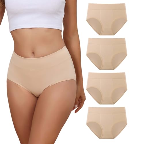 Dumwis Unterhosen Damen Baumwolle Unterwäsche Frauen hohe Taille Bequeme Slip Damen Hipster Stretch Pantys Atmungsaktive Weich Taillenslip Damen-Unterhosen Mehrpack Sportunterhosen 4Er Pack (S-3XL) von Dumwis