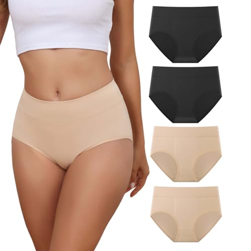 Dumwis Unterhosen Damen Baumwolle Unterwäsche Frauen hohe Taille Bequeme Slip Damen Hipster Stretch Pantys Atmungsaktive Weich Taillenslip Damen-Unterhosen Mehrpack Sportunterhosen 4Er Pack (S-3XL) von Dumwis