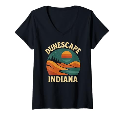 Damen Dunescape Indiana-Shirt Sunset Dunes Lake Horizon T-Shirt mit V-Ausschnitt Damen Dunescape Indiana-Shirt Sunset Dunes Lake Horizon T-Shirt mit V-Ausschnitt von Dunescape Indiana Tee Shirts for Beach Lovers