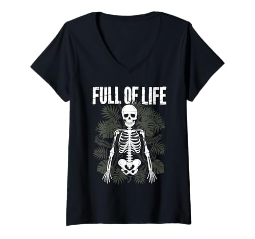 Damen Skelett Botanischer Humor Pflanzen Gothic T-Shirt mit V-Ausschnitt von Dunkle Ästhetik Floral Geschenk Skelett