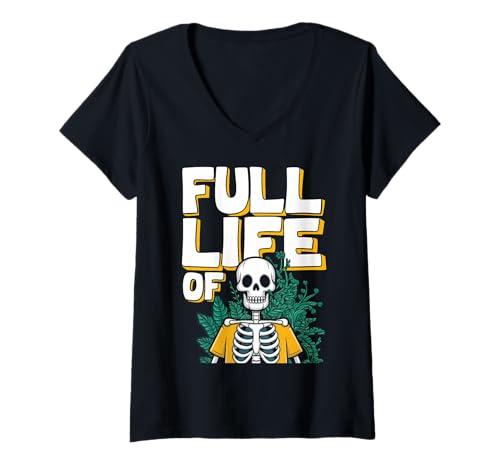 Damen Skelett Botanischer Humor Pflanzen Gothic T-Shirt mit V-Ausschnitt von Dunkle Ästhetik Floral Geschenk Skelett