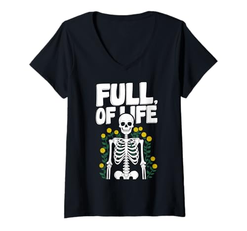 Damen Skelett Botanischer Humor Pflanzen Gothic T-Shirt mit V-Ausschnitt von Dunkle Ästhetik Floral Geschenk Skelett