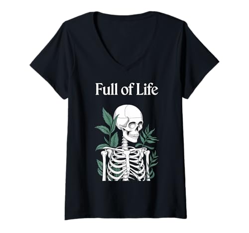 Damen Skelett Botanischer Humor Pflanzen Gothic T-Shirt mit V-Ausschnitt von Dunkle Ästhetik Floral Geschenk Skelett