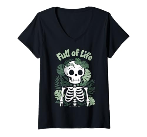 Damen Skelett Botanischer Humor Pflanzen Gothic T-Shirt mit V-Ausschnitt von Dunkle Ästhetik Floral Geschenk Skelett
