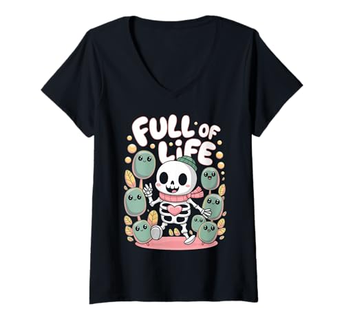 Damen Skelett Botanischer Humor Pflanzen Gothic T-Shirt mit V-Ausschnitt von Dunkle Ästhetik Floral Geschenk Skelett