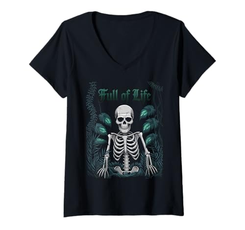 Damen Skelett Botanischer Humor Pflanzen Gothic T-Shirt mit V-Ausschnitt von Dunkle Ästhetik Floral Geschenk Skelett