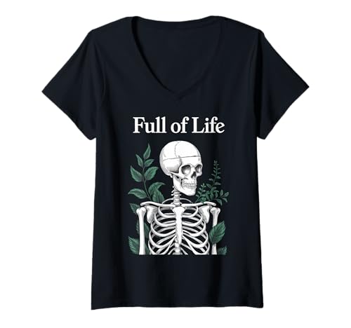 Damen Skelett Botanischer Humor Pflanzen Gothic T-Shirt mit V-Ausschnitt von Dunkle Ästhetik Floral Geschenk Skelett