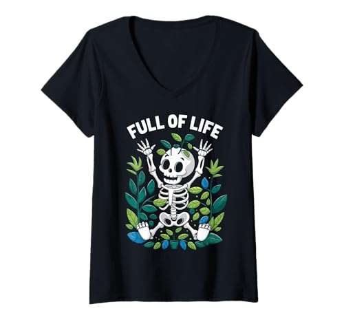 Damen Skelett Botanischer Humor Pflanzen Gothic T-Shirt mit V-Ausschnitt von Dunkle Ästhetik Floral Geschenk Skelett