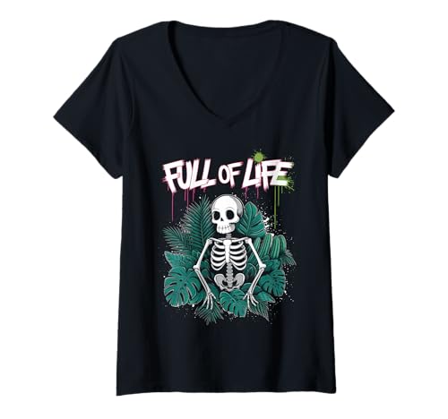 Damen Skelett Botanischer Humor Pflanzen Gothic T-Shirt mit V-Ausschnitt von Dunkle Ästhetik Floral Geschenk Skelett