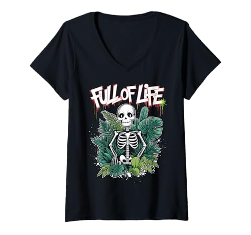 Damen Skelett Botanischer Humor Pflanzen Gothic T-Shirt mit V-Ausschnitt von Dunkle Ästhetik Floral Geschenk Skelett