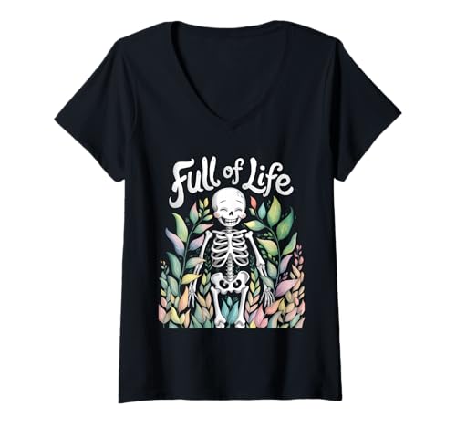 Damen Skelett Botanischer Humor Pflanzen Gothic T-Shirt mit V-Ausschnitt von Dunkle Ästhetik Floral Geschenk Skelett